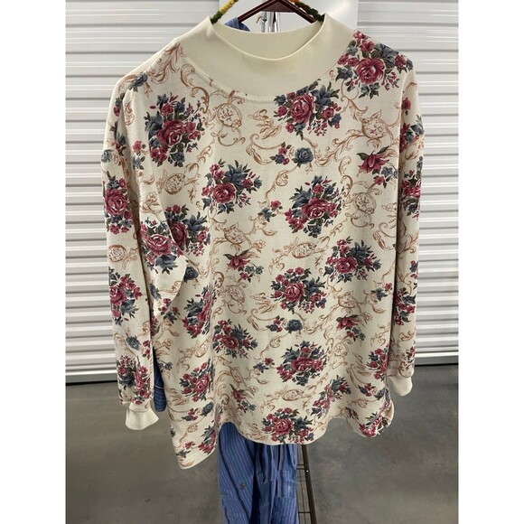 Vintage Cream Red Rose Long Sleeve Shirt Zero Sport Small Retro Floral, size Sml - Picture 2 of 4